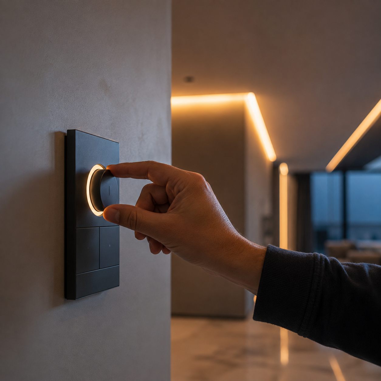 Mão ajustando dimmer de automação residencial com fita de LED acesa ao fundo