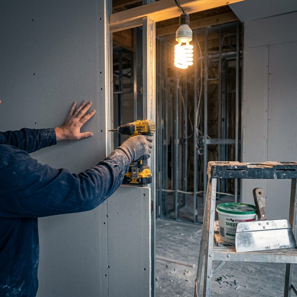 Profissional instalando placa de drywall com parafusadeira em obra
