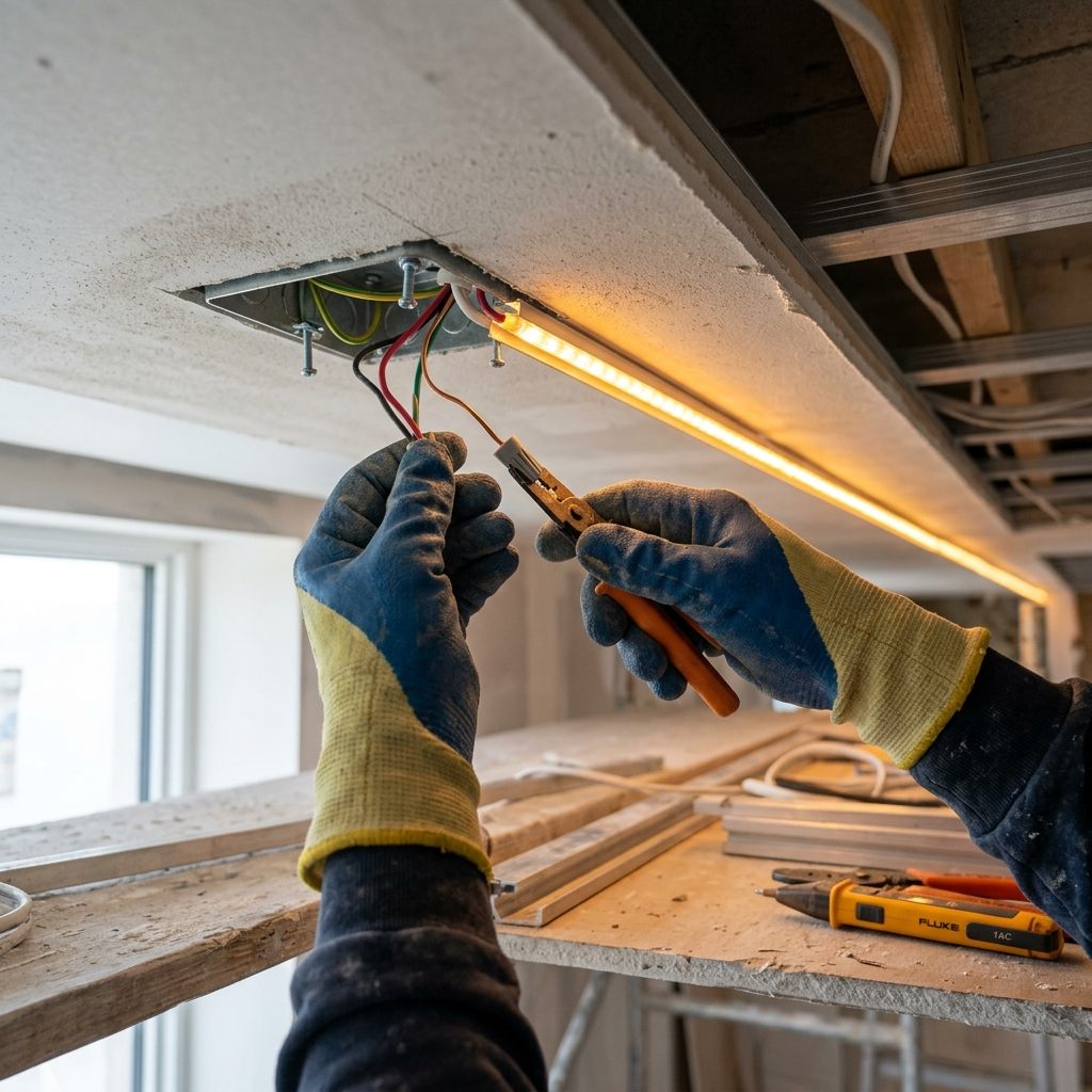 Eletricista conectando fiação em caixa de luz no gesso, com fita de LED acesa ao fundo