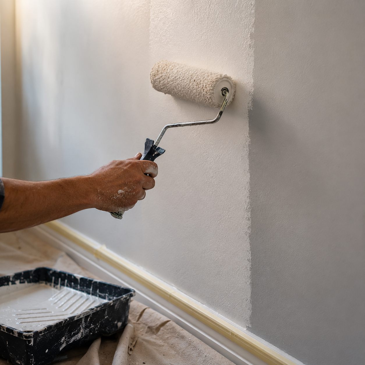 Profissional pintando parede interna com rolo de pintura